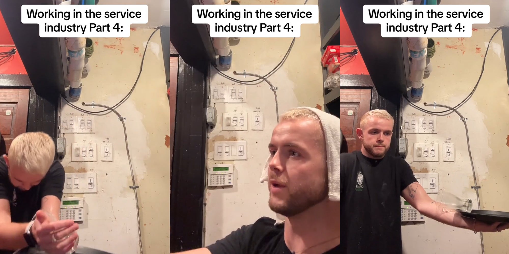 server with glass and tray with caption 'Working in the service industry Part 4:' (l) customer with caption 'Working in the service industry Part 4:' (c) server with glass and tray with caption 'Working in the service industry Part 4:' (r)