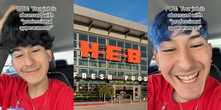 HEB employee in car with caption 'POV: Your job is obsessed with 'professional appearances' (l) HEB building with sign (c) HEB employee in car with caption 'POV: Your job is obsessed with 'professional appearances' (r)
