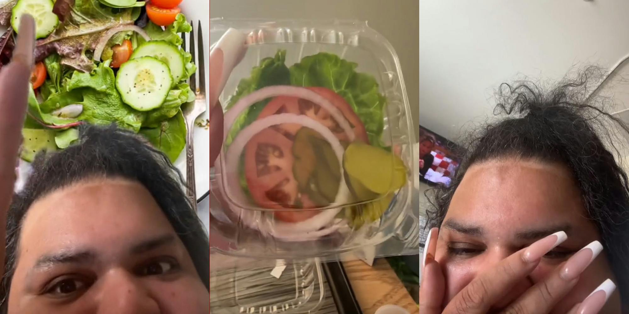 hospital patient greenscreen TikTok over image of expected salad (l) hospital patient holding up small side salad (c) hospital patient laughing with hand on mouth (r)