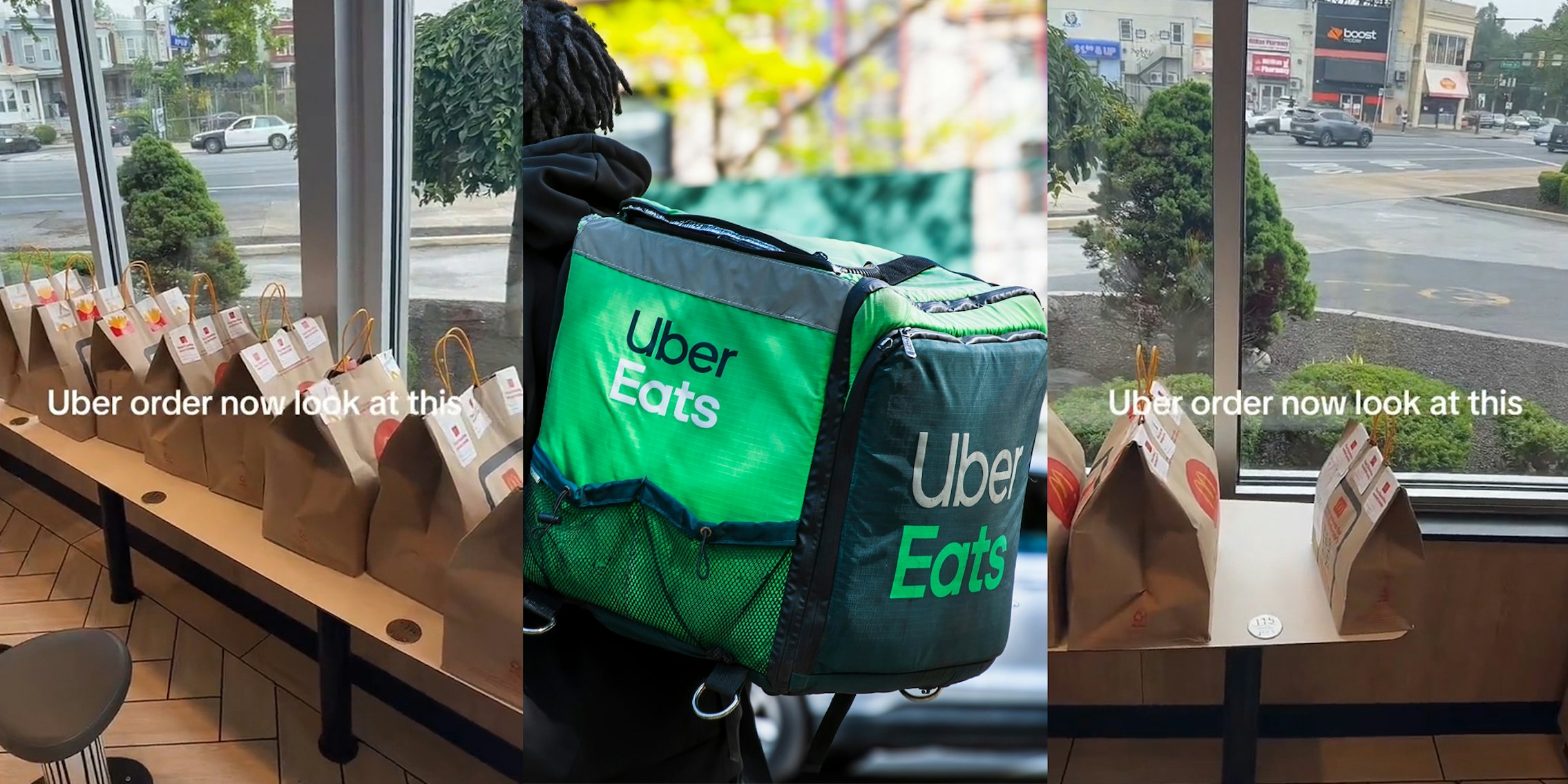 Uber eats order at McDonald's with lots of bags lined up on table with caption 'Uber order now look at this!' (l) Uber Eats employee with branded food carrier backpack (c) Uber eats order at McDonald's with lots of bags lined up on table with caption 'Uber order now look at this!' (r)