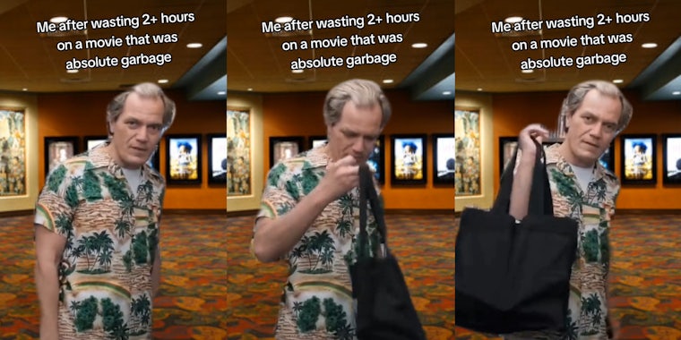 Michael Shannon greenscreen TikTok meme over movie theater background with caption 'Me after wasting 2+ hours on a movie that was absolutely garbage' (l) Michael Shannon greenscreen TikTok meme over movie theater background with caption 'Me after wasting 2+ hours on a movie that was absolutely garbage' (c) Michael Shannon greenscreen TikTok meme over movie theater background with caption 'Me after wasting 2+ hours on a movie that was absolutely garbage' (r)