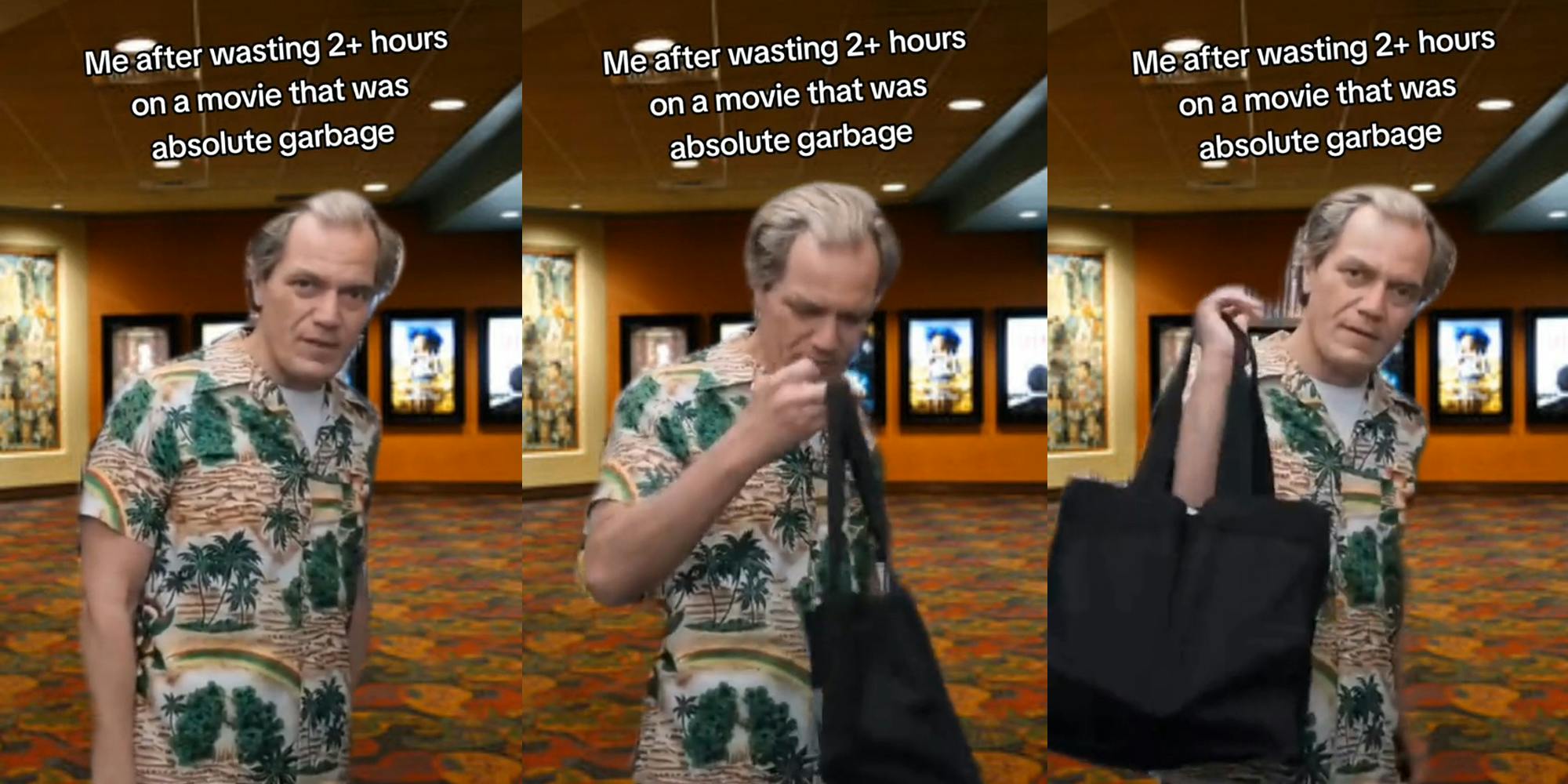 Michael Shannon greenscreen TikTok meme over movie theater background with caption "Me after wasting 2+ hours on a movie that was absolutely garbage" (l) Michael Shannon greenscreen TikTok meme over movie theater background with caption "Me after wasting 2+ hours on a movie that was absolutely garbage" (c) Michael Shannon greenscreen TikTok meme over movie theater background with caption "Me after wasting 2+ hours on a movie that was absolutely garbage" (r)