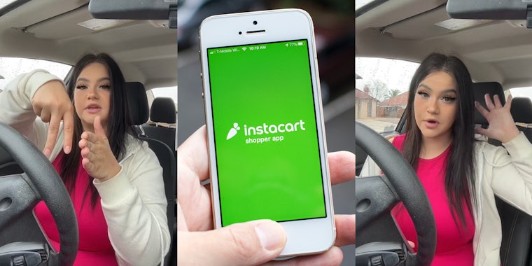 Instacart shopper speaking in car (l) hand holding phone with Instacart shopper app on screen (c) Instacart shopper speaking in car (r)