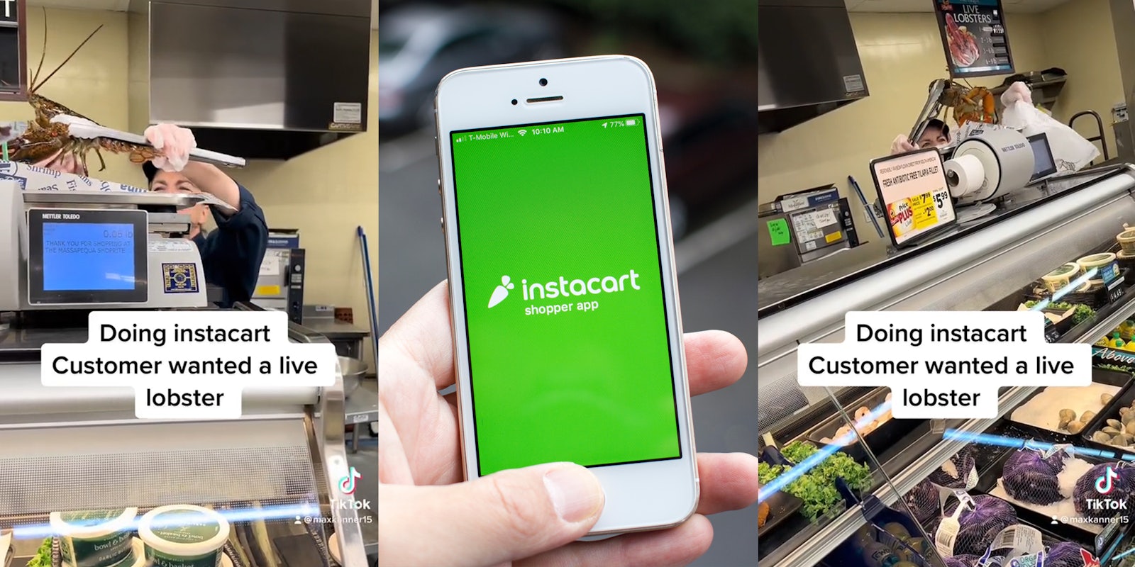 worker placing lobster on scale with caption 'Doing instacart Customer wanted a live lobster' (l) hand holding phone with Instacart Shopper App on screen (c) worker placing lobster in grocery bag with caption 'Doing instacart Customer wanted a live lobster' (r)