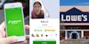 Instacart shopper holding phone with app on screen (l) Instacart shopper greenscreen TikTok over Lowes order (c) Lowes building entrance with sign (r)