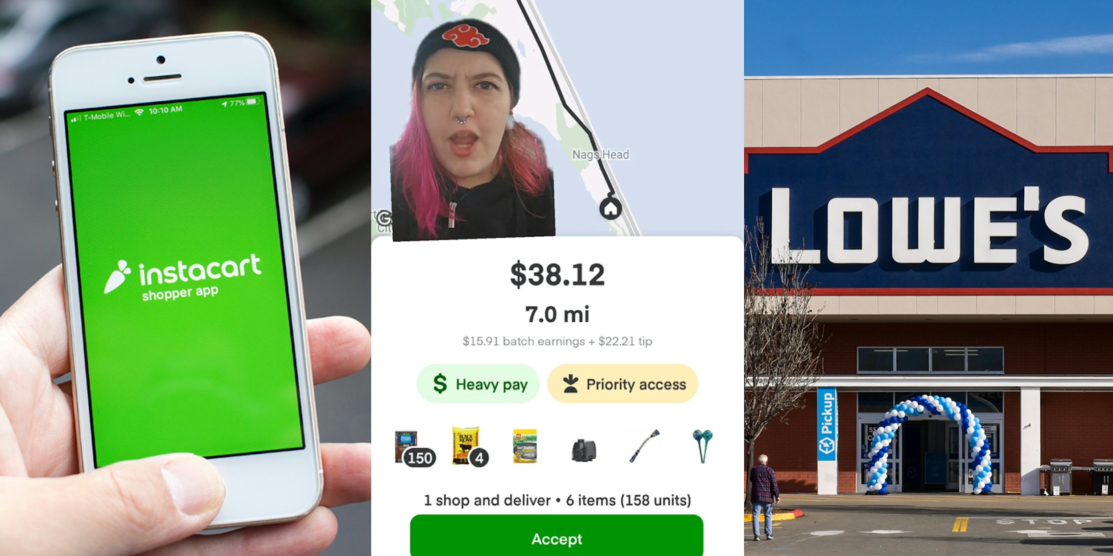 Instacart shopper holding phone with app on screen (l) Instacart shopper greenscreen TikTok over Lowes order (c) Lowes building entrance with sign (r)