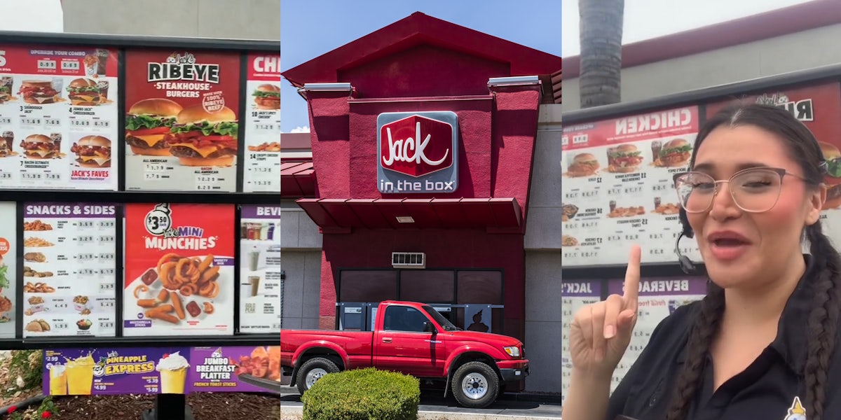 Jack in the Box menu (l) Jack in the Box building with sign and rive thru (c) Jack in the Box employee speaking pointing to menu (r)