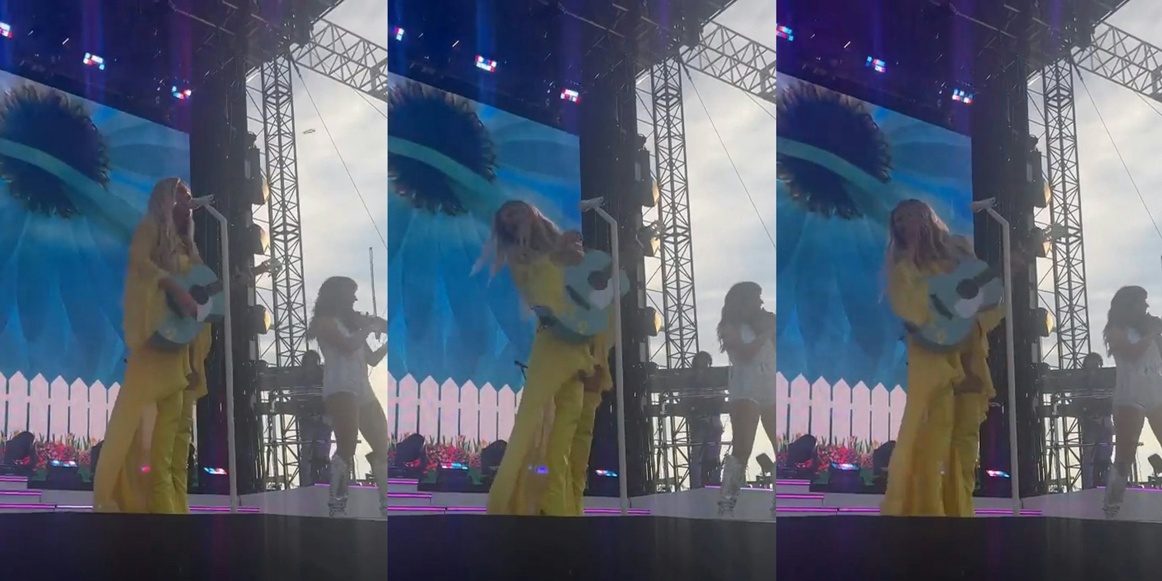 Kelsea Ballerini singing on stage with item in air being thrown (l) Kelsea Ballerini hit with thrown item on stage (c) Kelsea Ballerini hit with thrown item on stage (r)