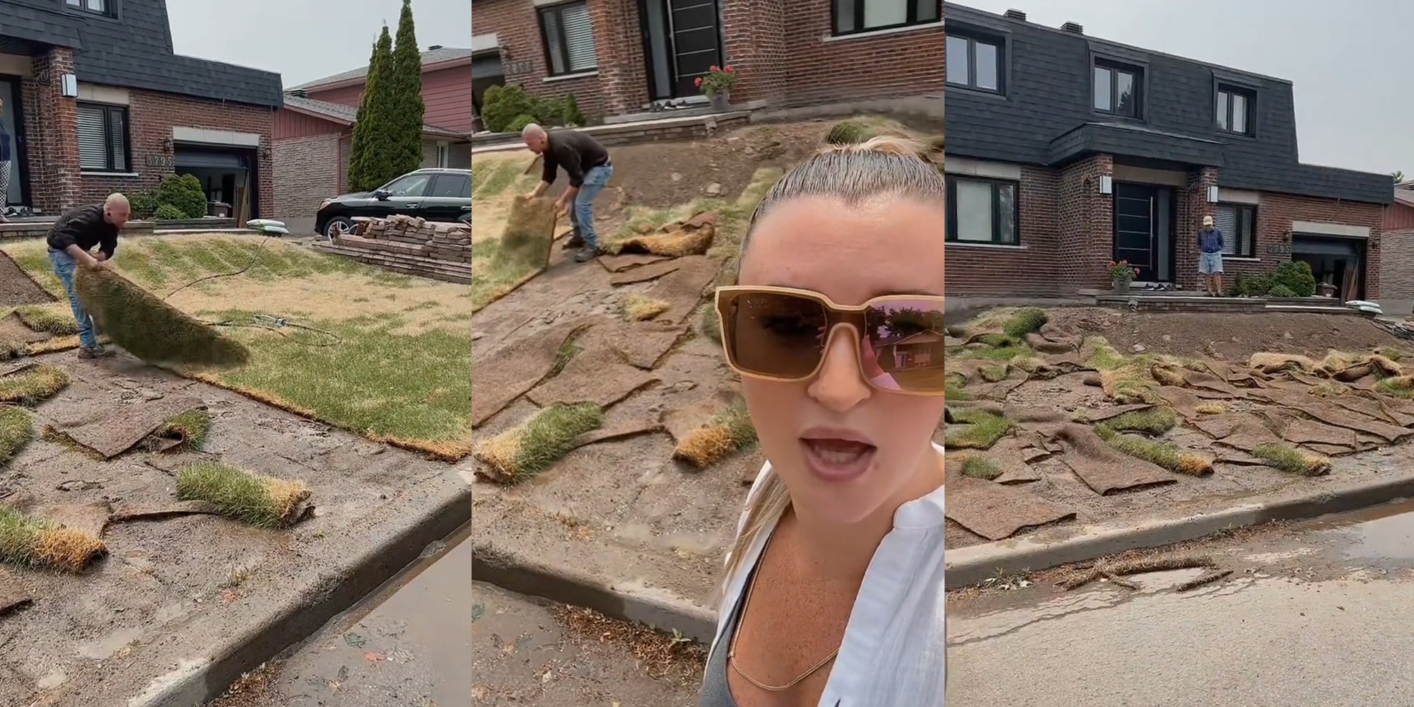 landscaper ripping grass from lawn (l) landscaper ripping grass from lawn with business owner speaking (c) lawn with grass all ripped up with man standing outside house (r)