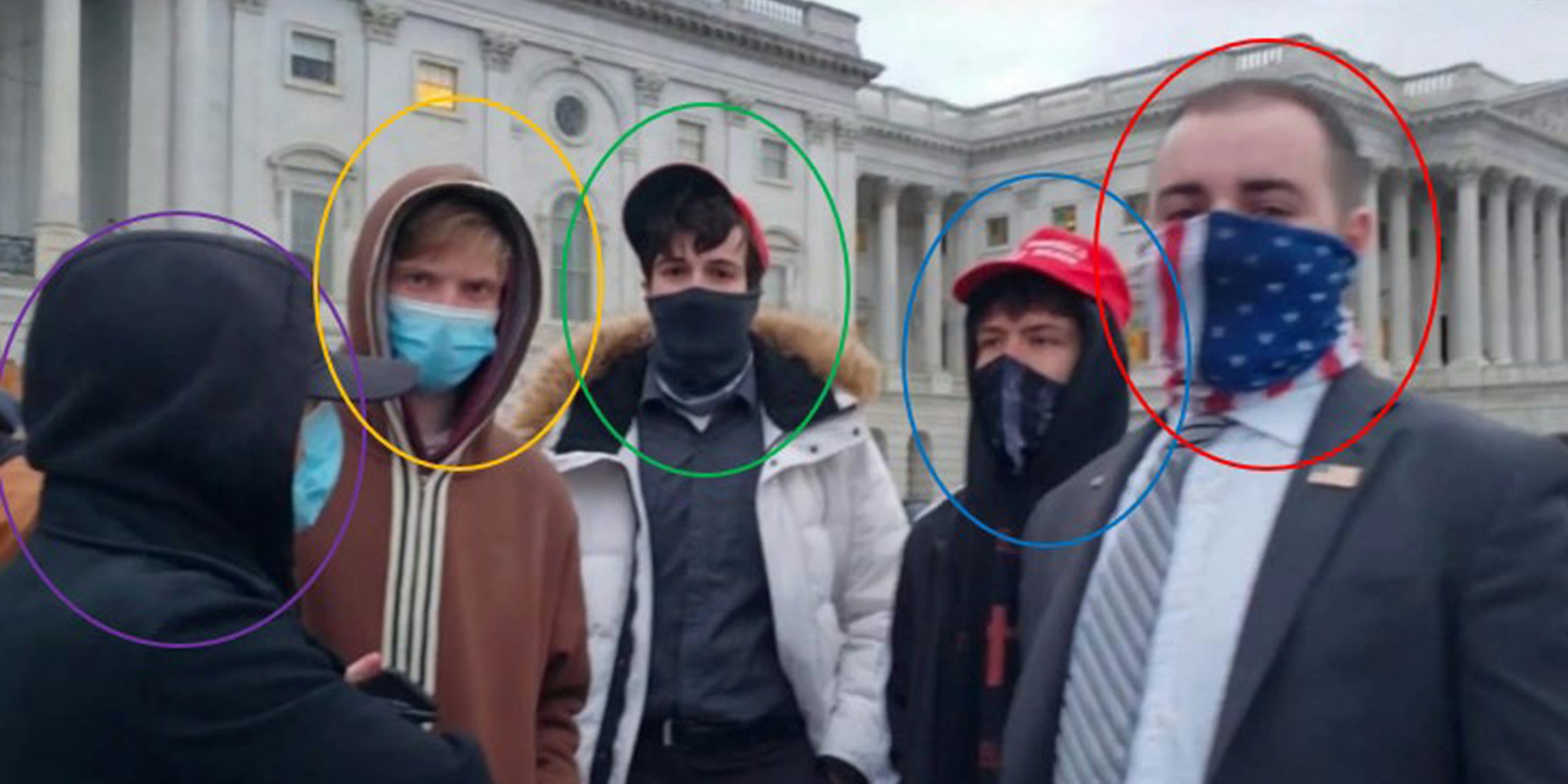 group of men with circled faces including Paul Edwald Lovley circled in orange in front of U.S. Capitol building
