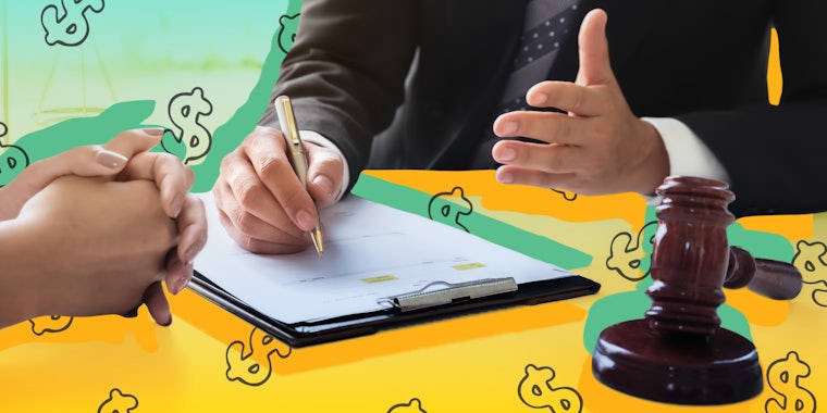 business lawyer consulting woman to file a copyright lawsuit while holding pen at table with clipboard and wooden gavel in front of green to yellow vertical gradient Passionfruit Remix