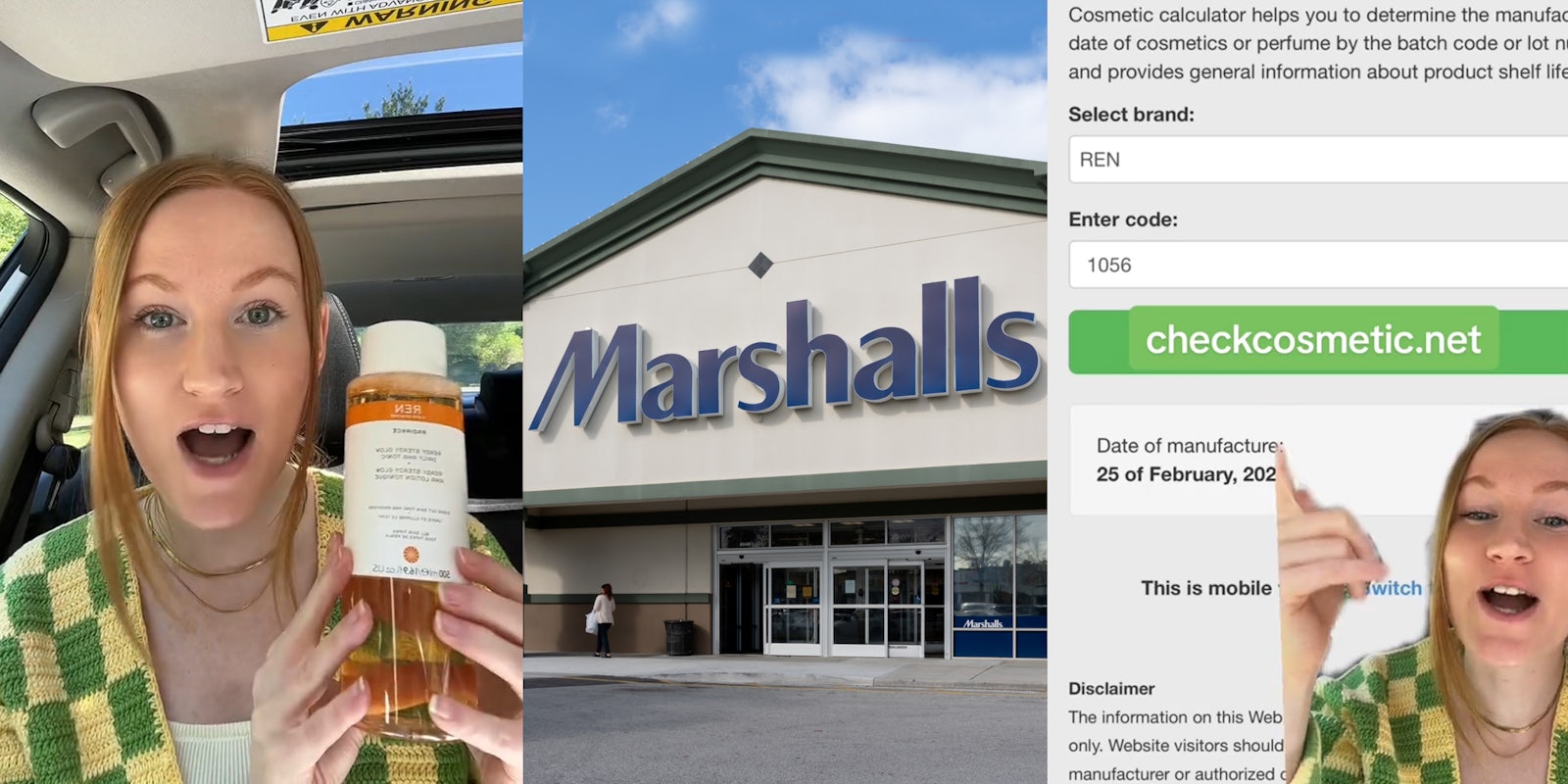 Marshalls customer speaking in car holding skincare product (l) Marshalls building with sign (c) Marshalls customer greenscreen TikTok over cosmetic calculator with caption 'checkcosmetic.net' (r)