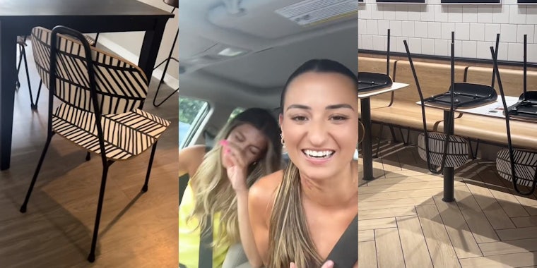 chair (l) young women laughing in car (c) chair at mcdonalds (r)