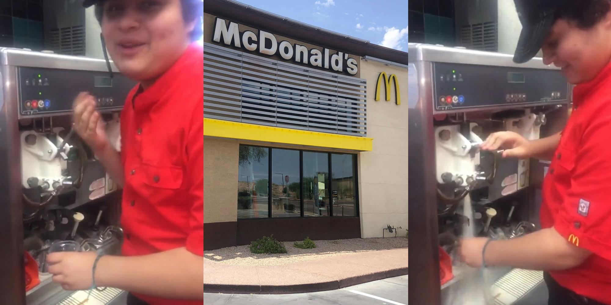 McDonald's employee using ice cream machine (l) McDonald's building with signs (c) McDonald's employee using ice cream machine (r)