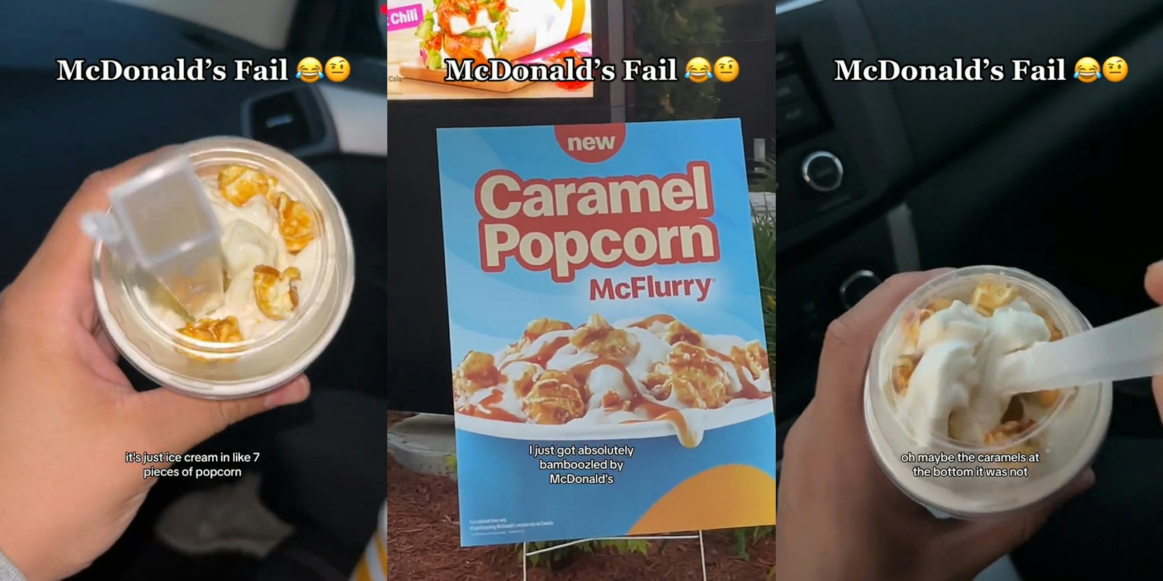 person showing Caramel Popcorn McFlurry with just ice cream and several pieces of popcorn on top