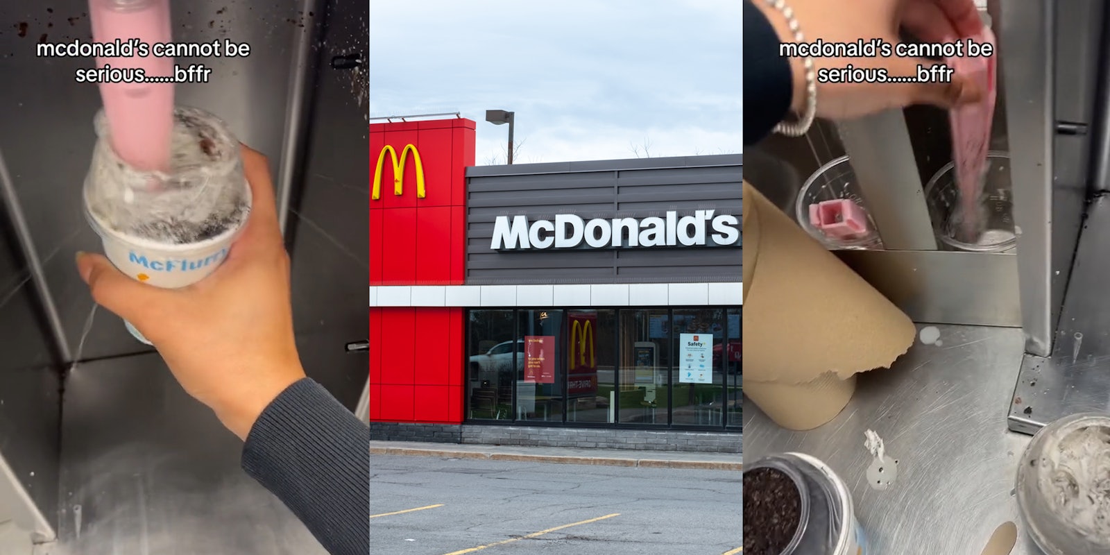 McDonald's worker making McFlurry with caption 'mcdonald's cannot be serious...bffr' (l) McDonald's signs on building (c) McDonald's worker making McFlurry putting reusable spoon back with caption 'mcdonald's cannot be serious...bffr' (r)