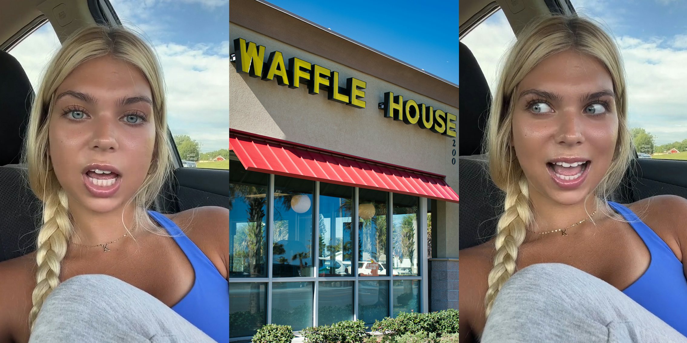 Waffle House customer speaking in car (l) Waffle House building with sign (c) Waffle House customer speaking (r)