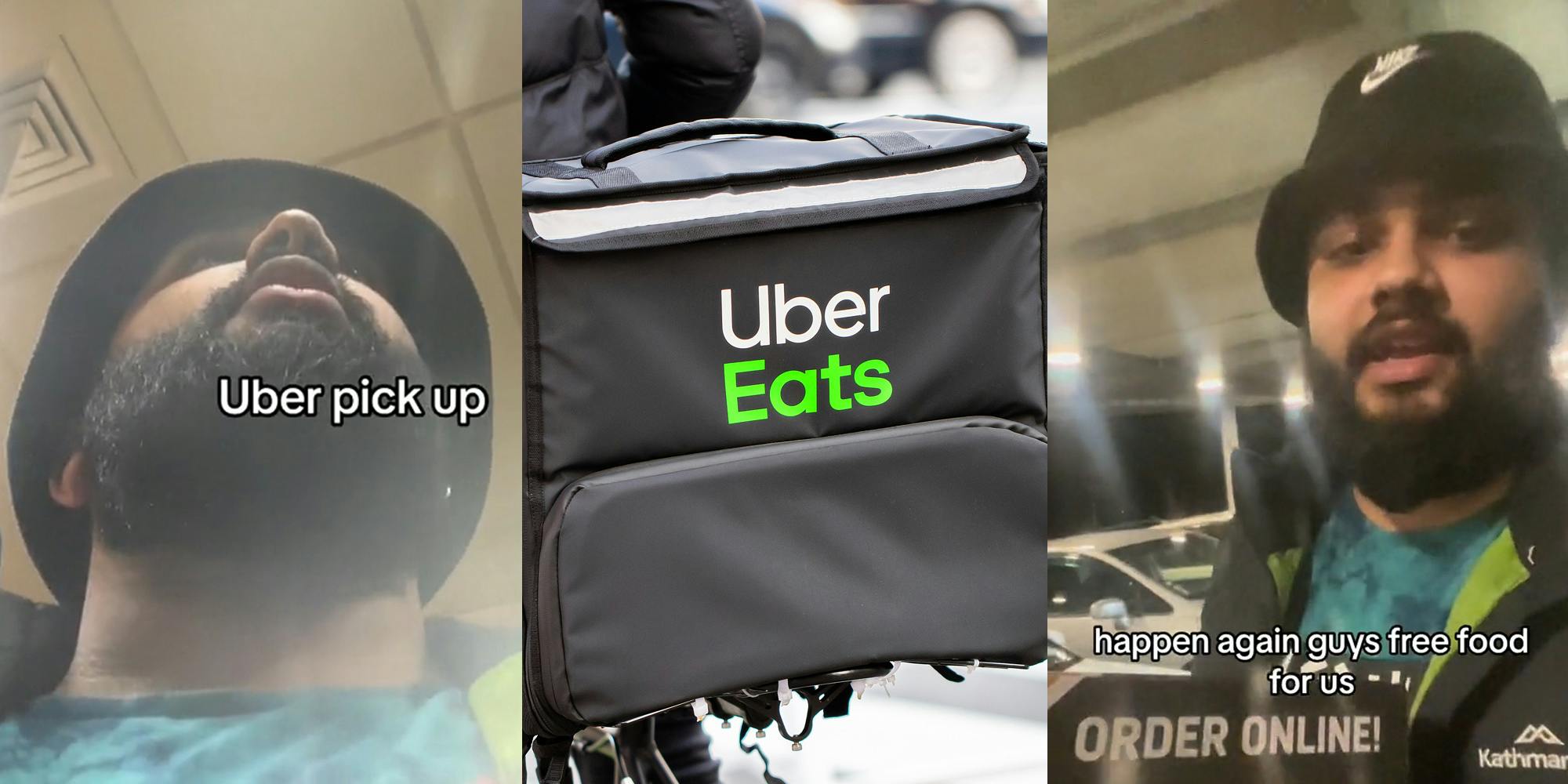man in restaurant with caption "Uber pick up" (l) Uber Eats bag with logo (c) man holding food speaking with caption "happen again guys free food for us" (r)