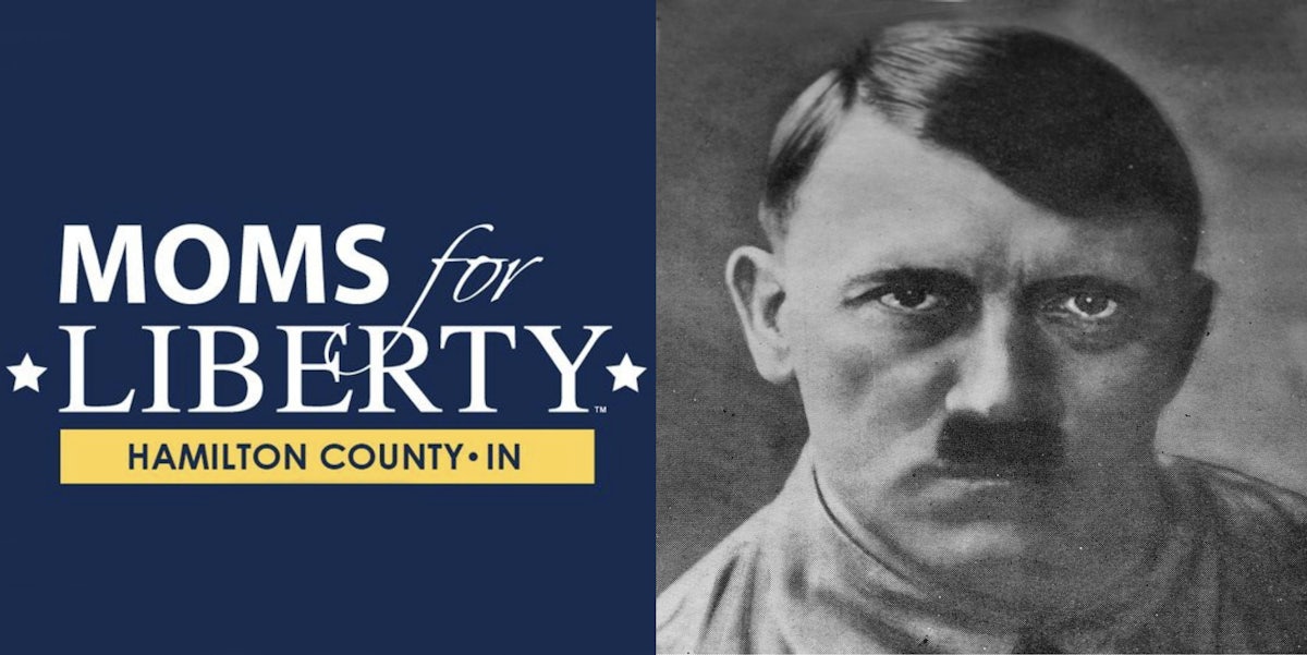 Moms for Liberty logo in front of navy blue background (l) Adolf Hitler black and white image from the book My Battle (r)