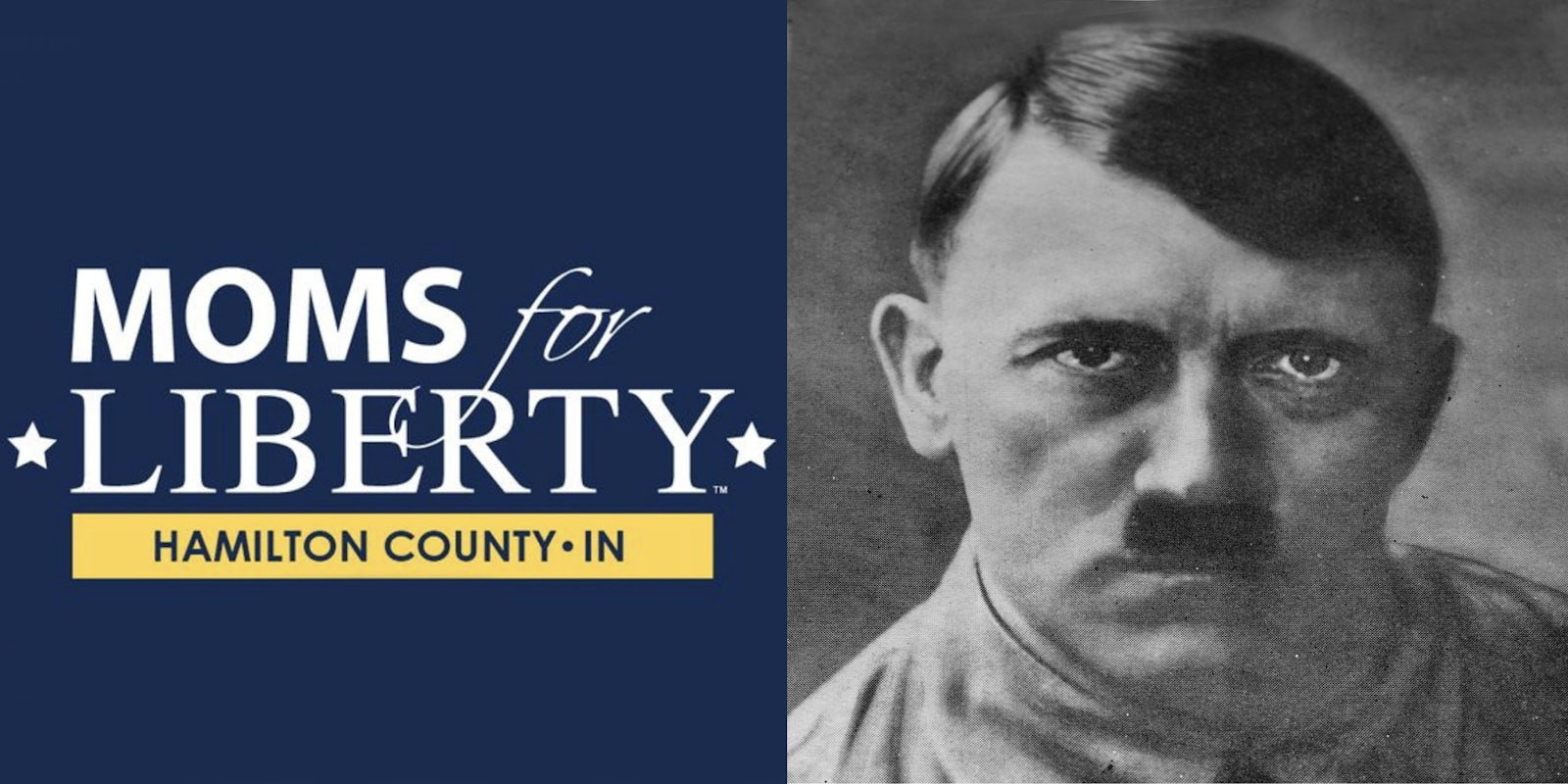 Moms for Liberty logo in front of navy blue background (l) Adolf Hitler black and white image from the book My Battle (r)