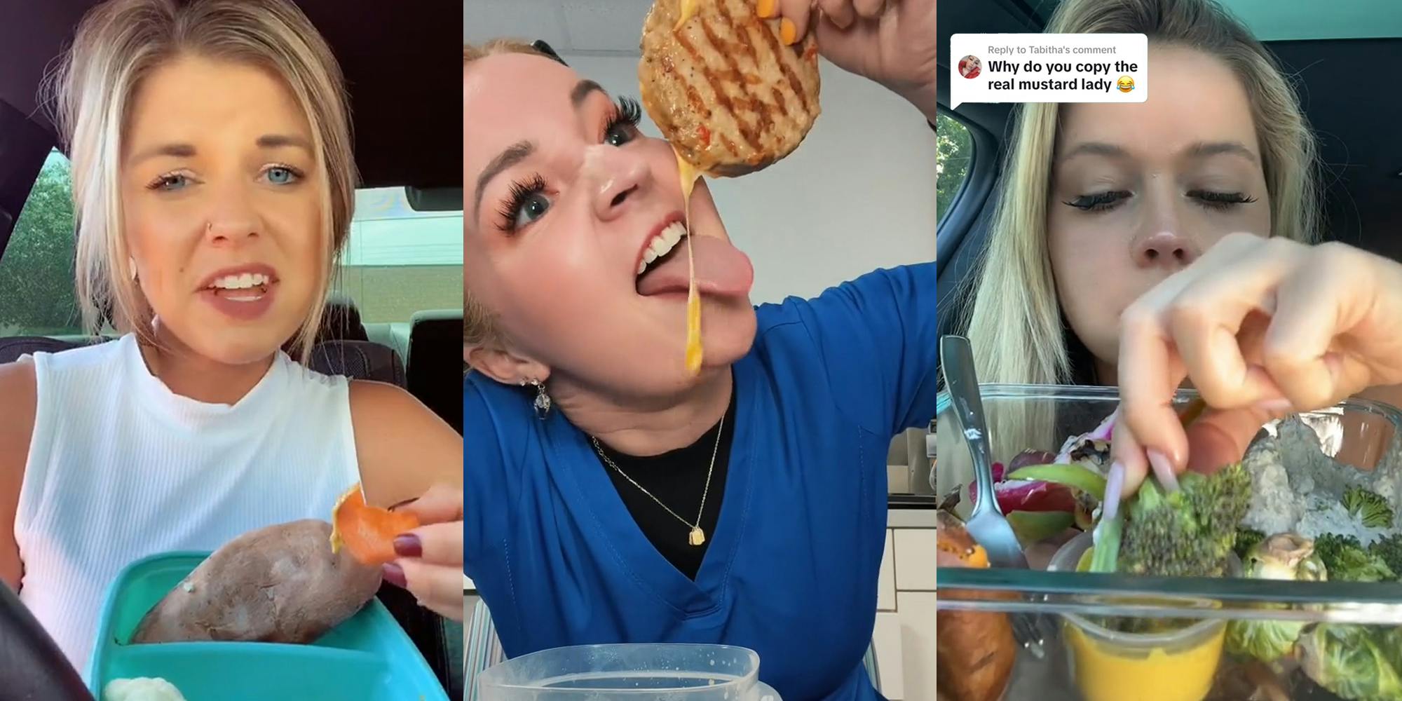 woman eating food with mustard (l) woman eating food with mustard (c) dipping food into mustard with caption "Why do you copy the real mustard lady" (r)