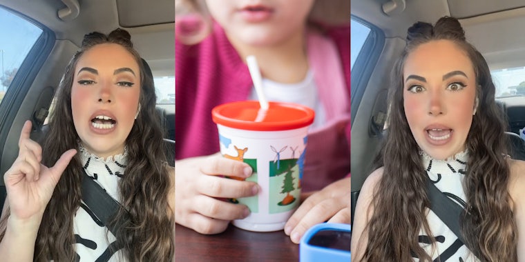 server speaking in car (l) little girl holding drink cup at restaurant (c) server speaking in car (r)