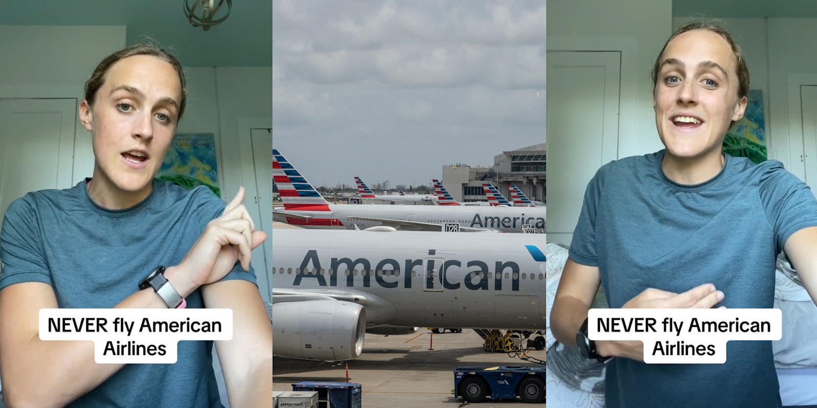 American Airlines customer speaking with caption 'NEVER fly American Airlines' (l) American Airlines planes (c) American Airlines customer speaking with caption 'NEVER fly American Airlines' (r)