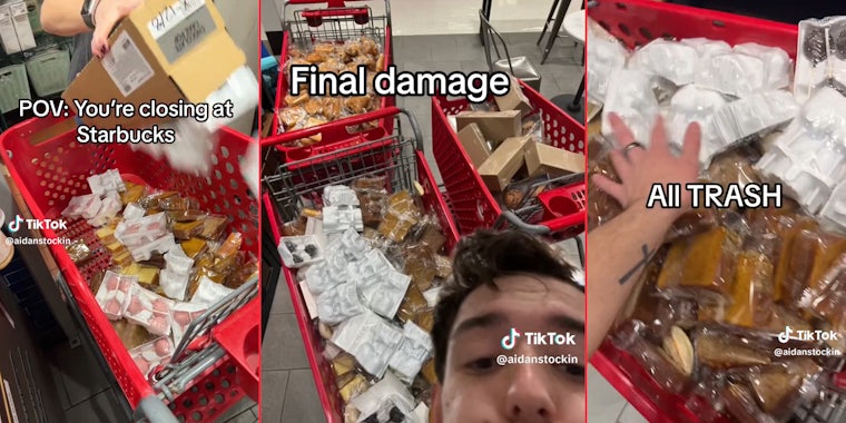 employee shows nightly waste in Target carts. 'POV: You're closing at Starbucks'