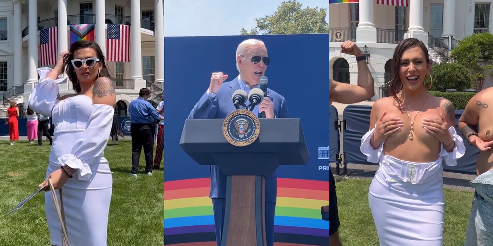 Rose Montoya at The White House (l) Joe Biden speaking at podium on stage with microphone and rainbow background (c) Rose Montoya topless at The White House