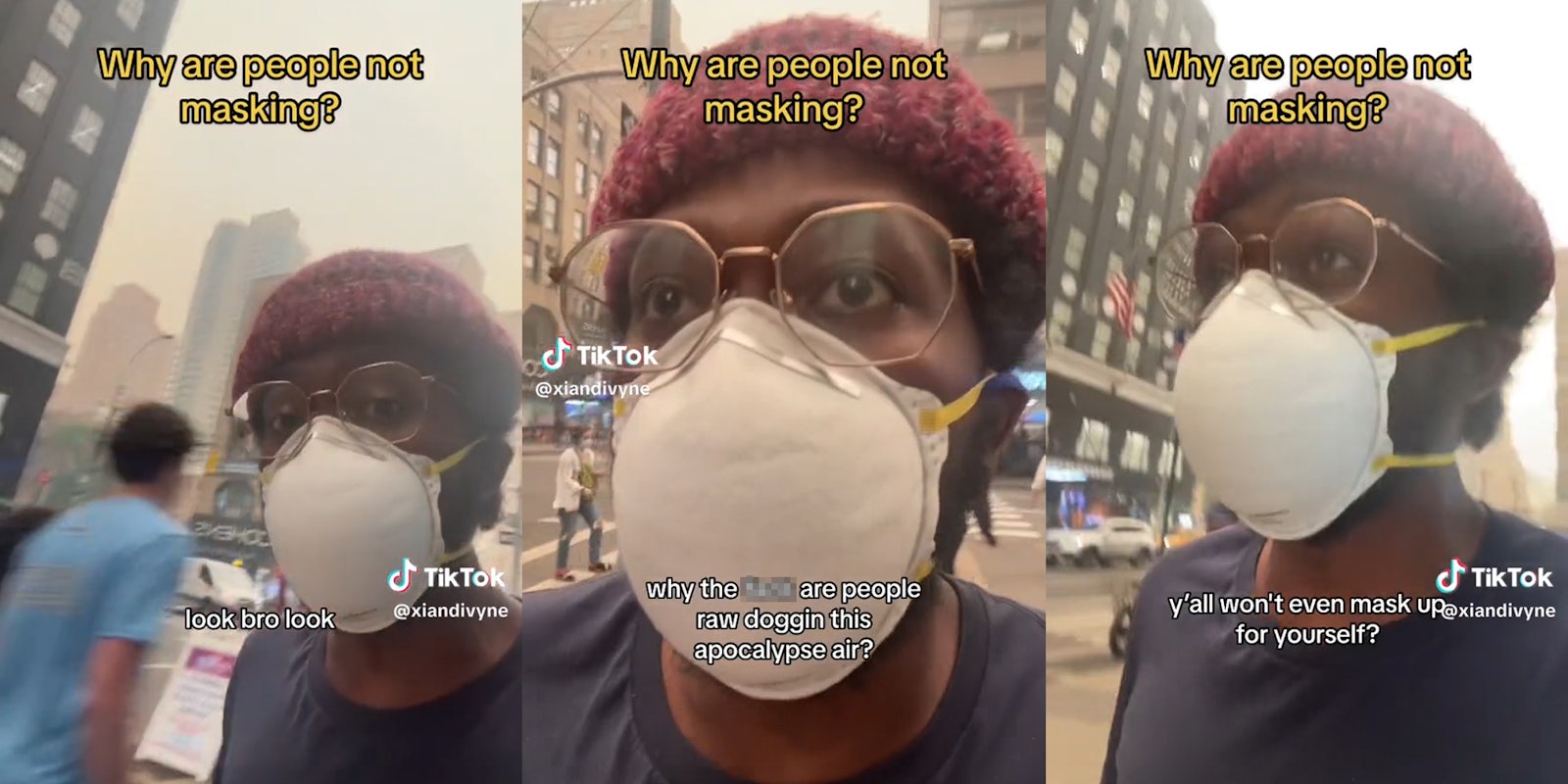 man walking on NYC street with caption 'why are people not masking?'