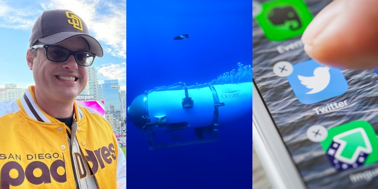 Brian Szasz smiling outside (l) OceanGate Titan submarine underwater (c) finger pressing delete on Twitter app on phone screen (r)