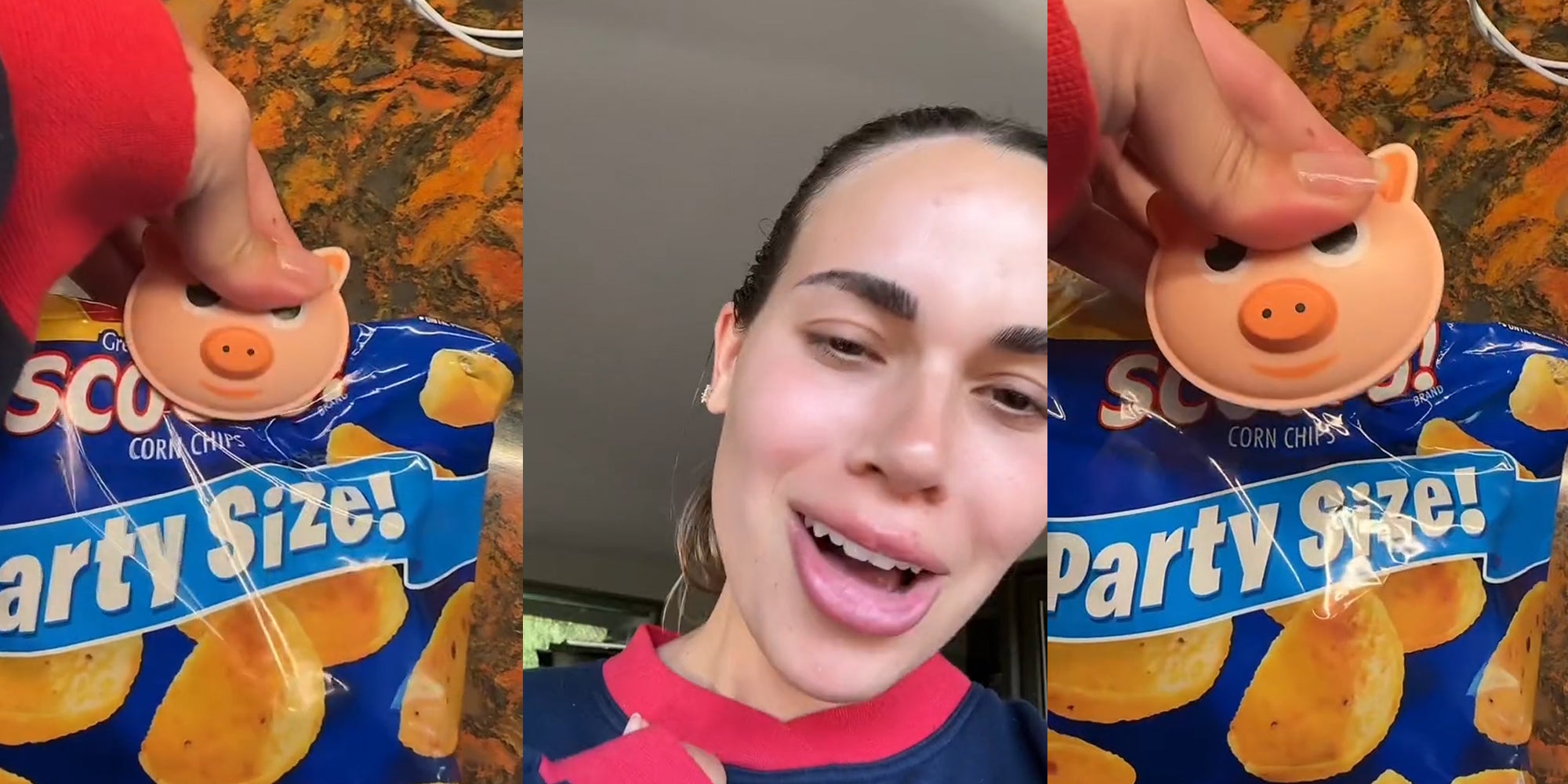 hand on pig chip clip on bag of chips (l) woman speaking (c) hand holding oinking pig chip clip in front of bag of chips (r)