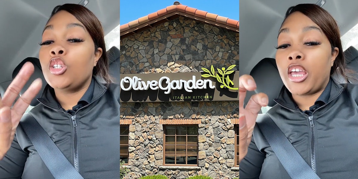 Olive Garden manager speaking in car (l) Olive Garden sign on building (c) Olive Garden manager speaking in car (r)