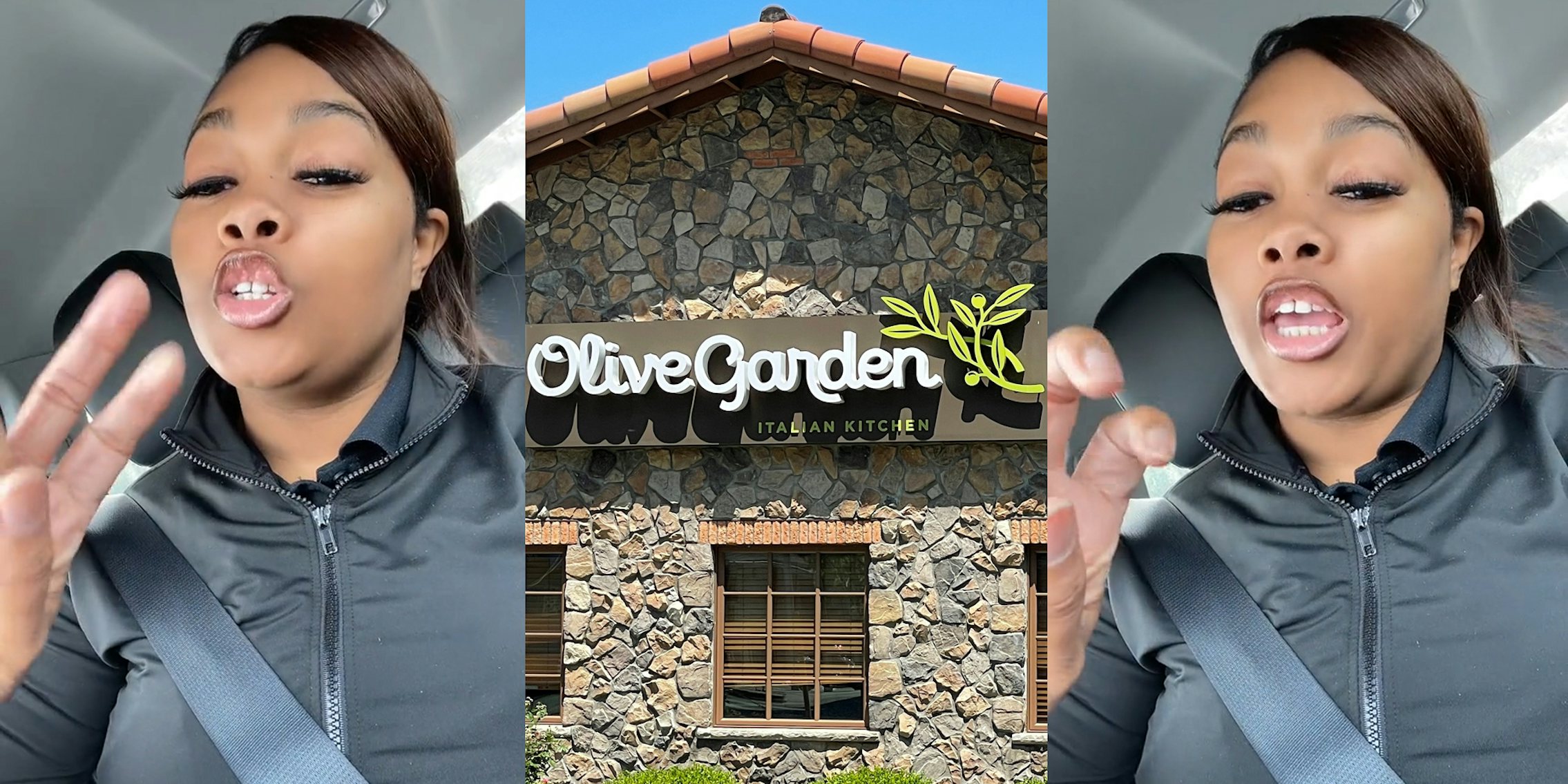 Olive Garden manager speaking in car (l) Olive Garden sign on building (c) Olive Garden manager speaking in car (r)