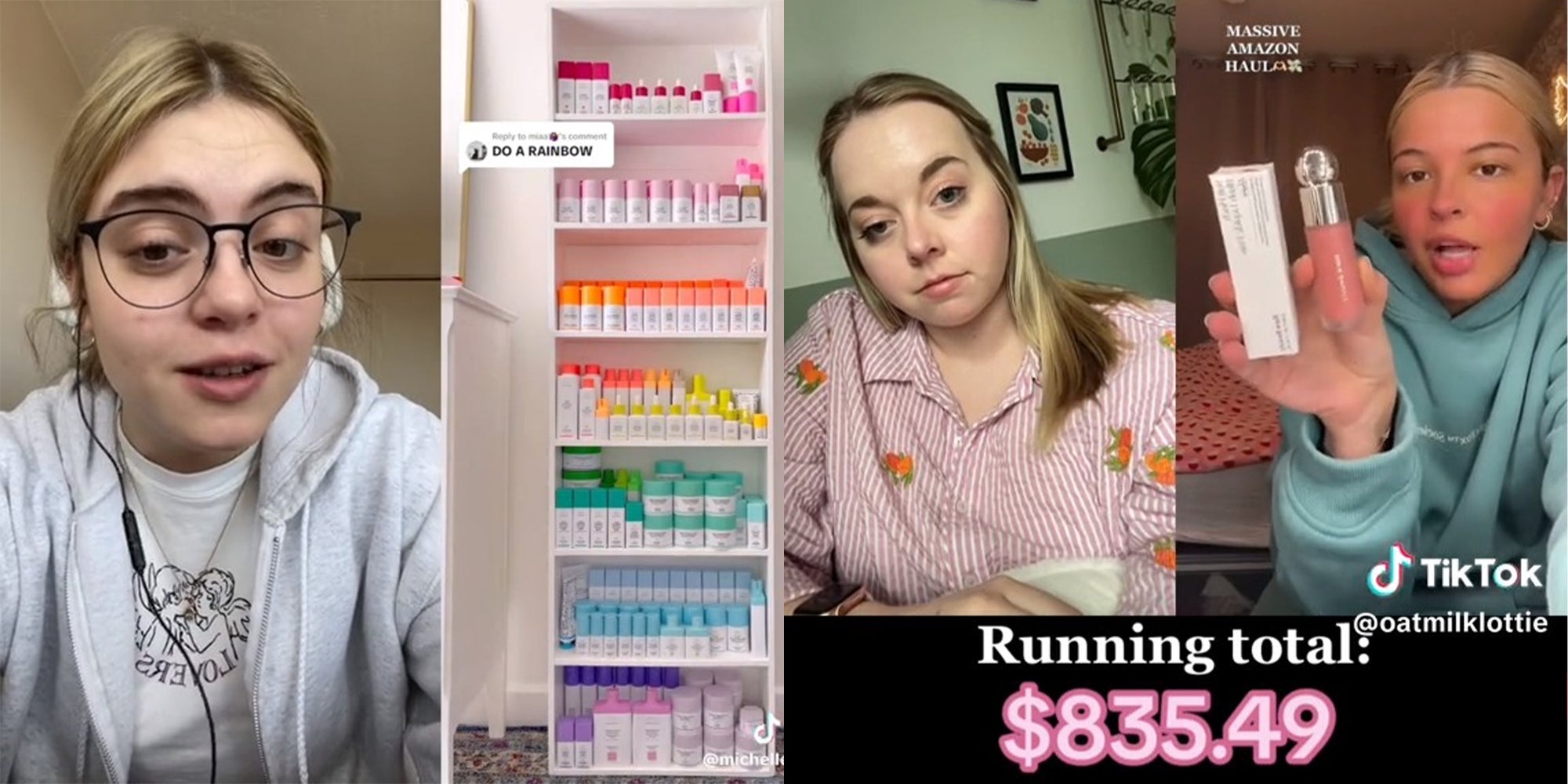 woman in grey sweater; shelf filled with colored coded products; woman showing her purchases