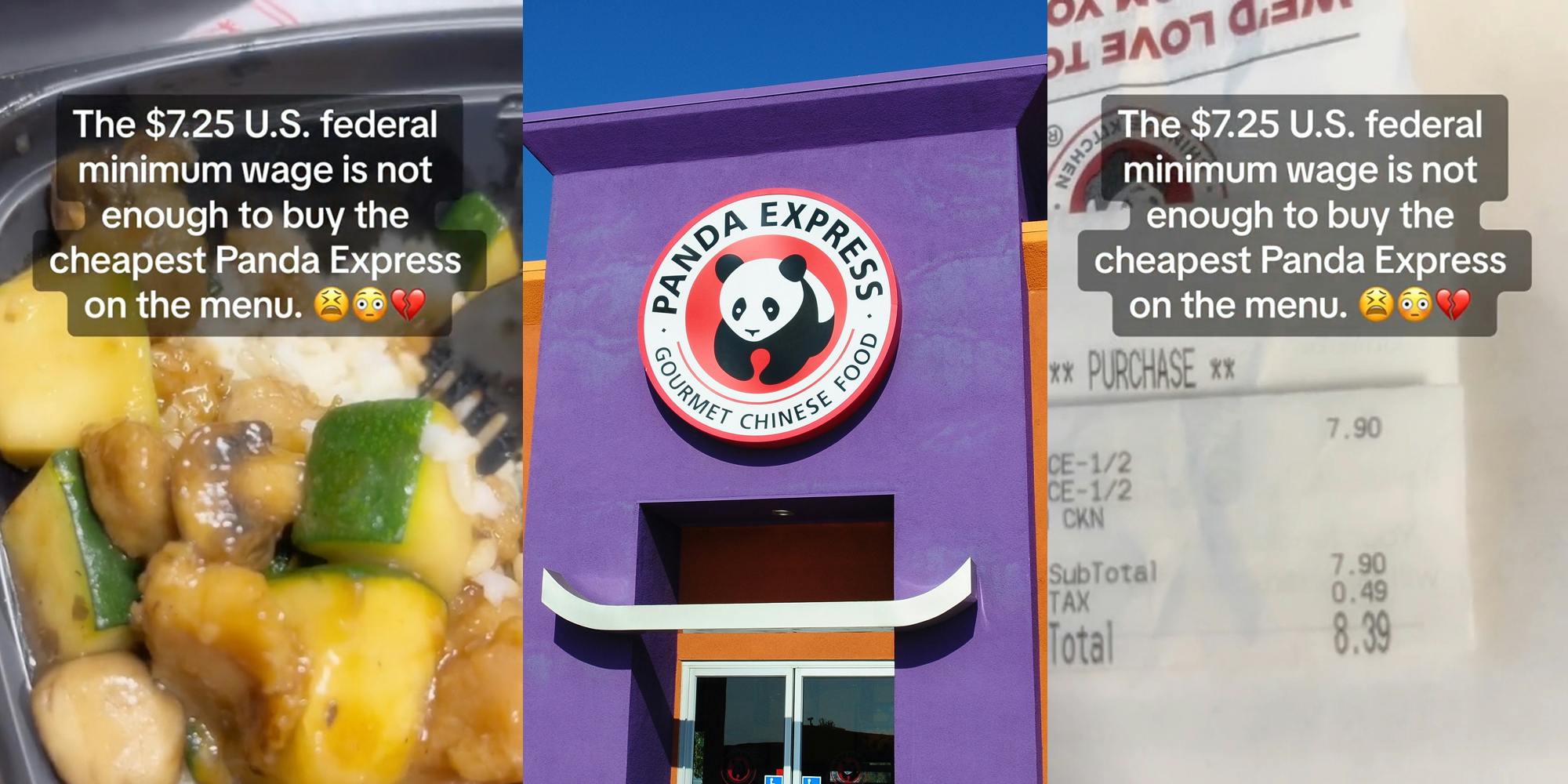 Panda Express food with caption "The $7.25 U.S. federal minimum wage is not enough to buy the cheapest Panda Express on the menu." (l) Panda express building with sign (c) Panda Express receipt with caption "The $7.25 U.S. federal minimum wage is not enough to buy the cheapest Panda Express on the menu." (r)