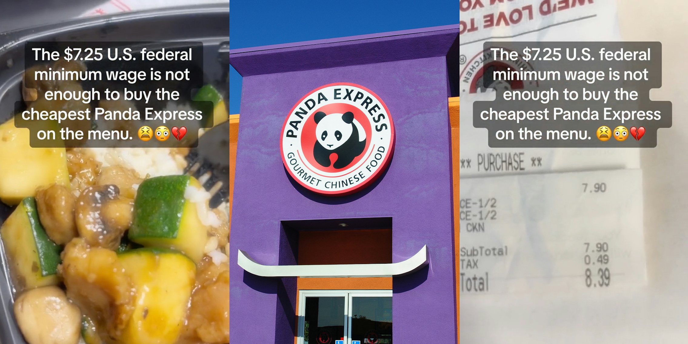 Panda Express food with caption 'The $7.25 U.S. federal minimum wage is not enough to buy the cheapest Panda Express on the menu.' (l) Panda express building with sign (c) Panda Express receipt with caption 'The $7.25 U.S. federal minimum wage is not enough to buy the cheapest Panda Express on the menu.' (r)