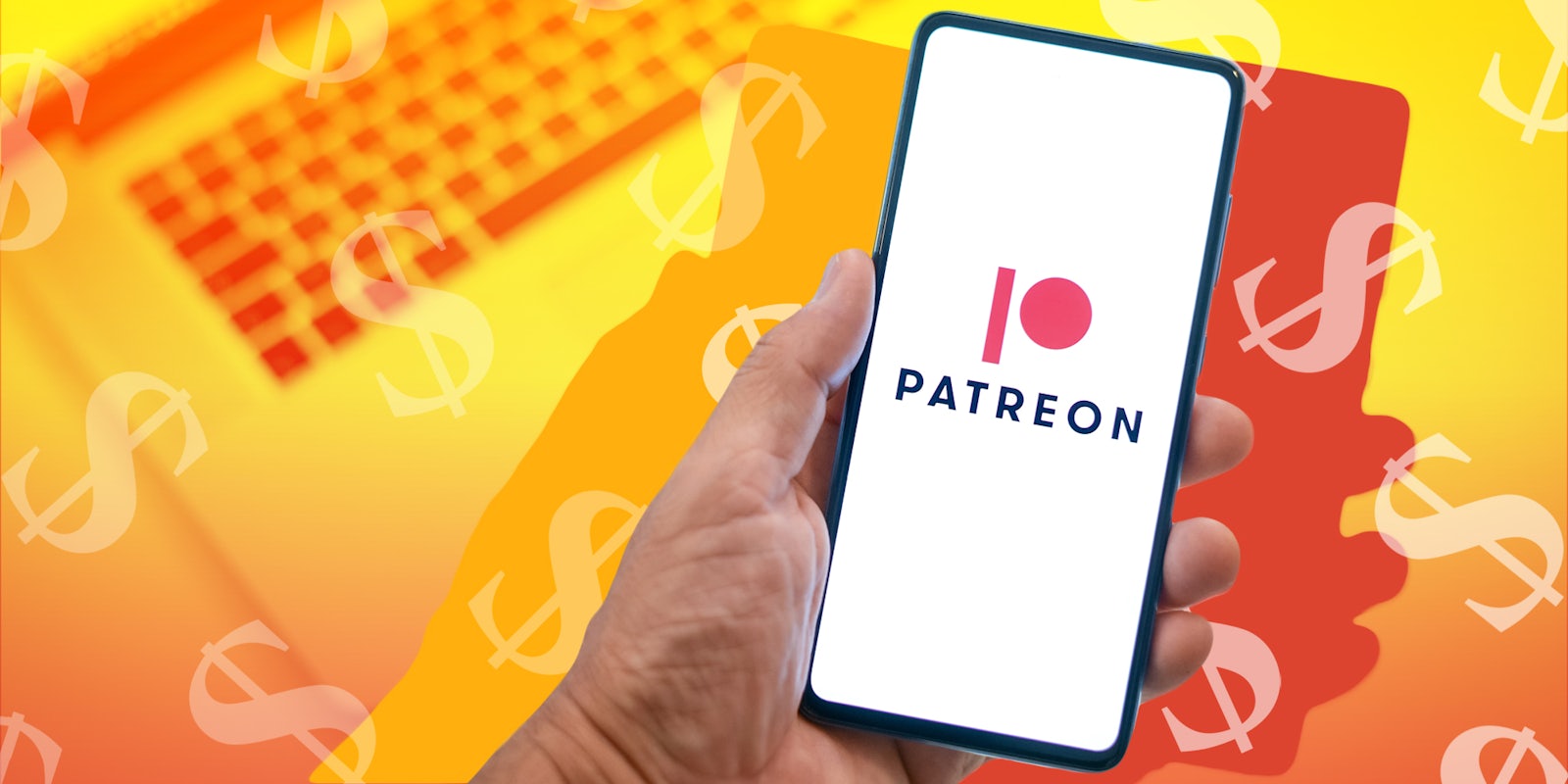 hand holding phone with Patreon on screen in front of laptop background with yellow to red vertical gradient money symbol overlay Passionfruit Remix