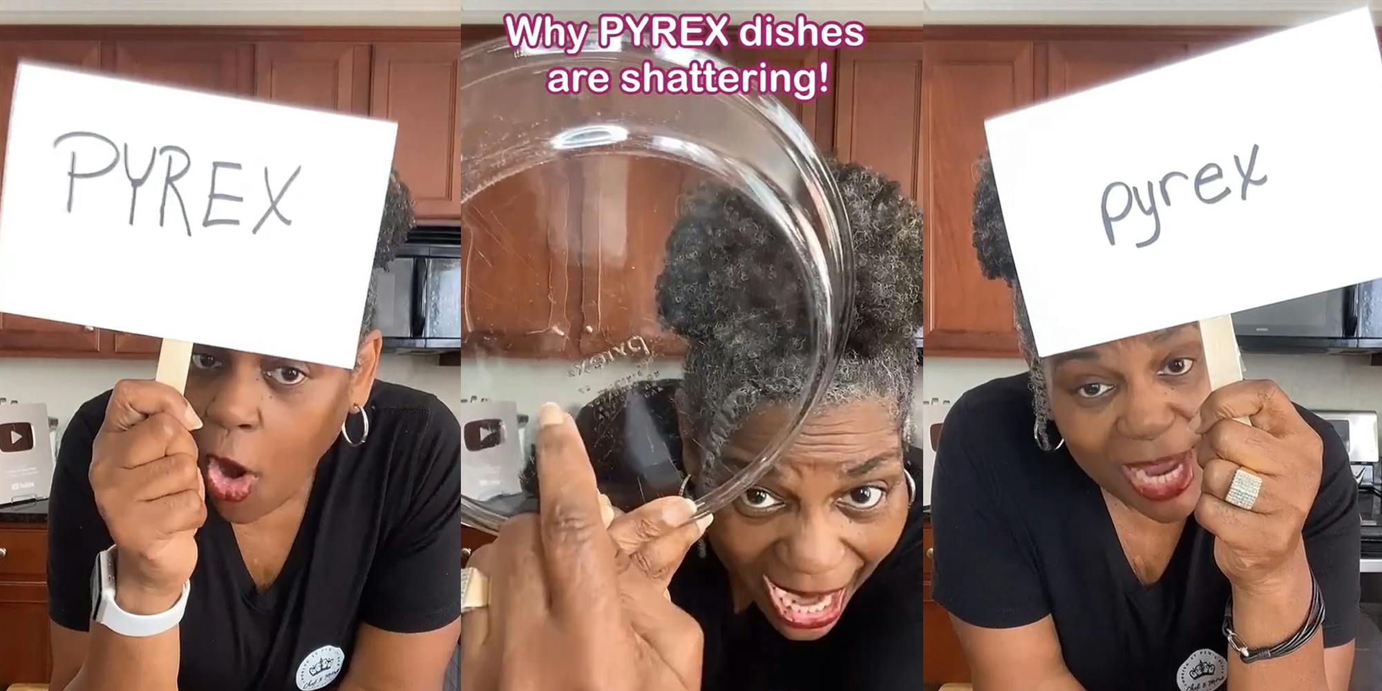woman speaking in kitchen holing "PYREX" sign (l) woman speaking in kitchen holding pyrex dish with caption "Why PYREX dishes are shattering" (c) woman speaking in kitchen holing "pyrex" sign (r)