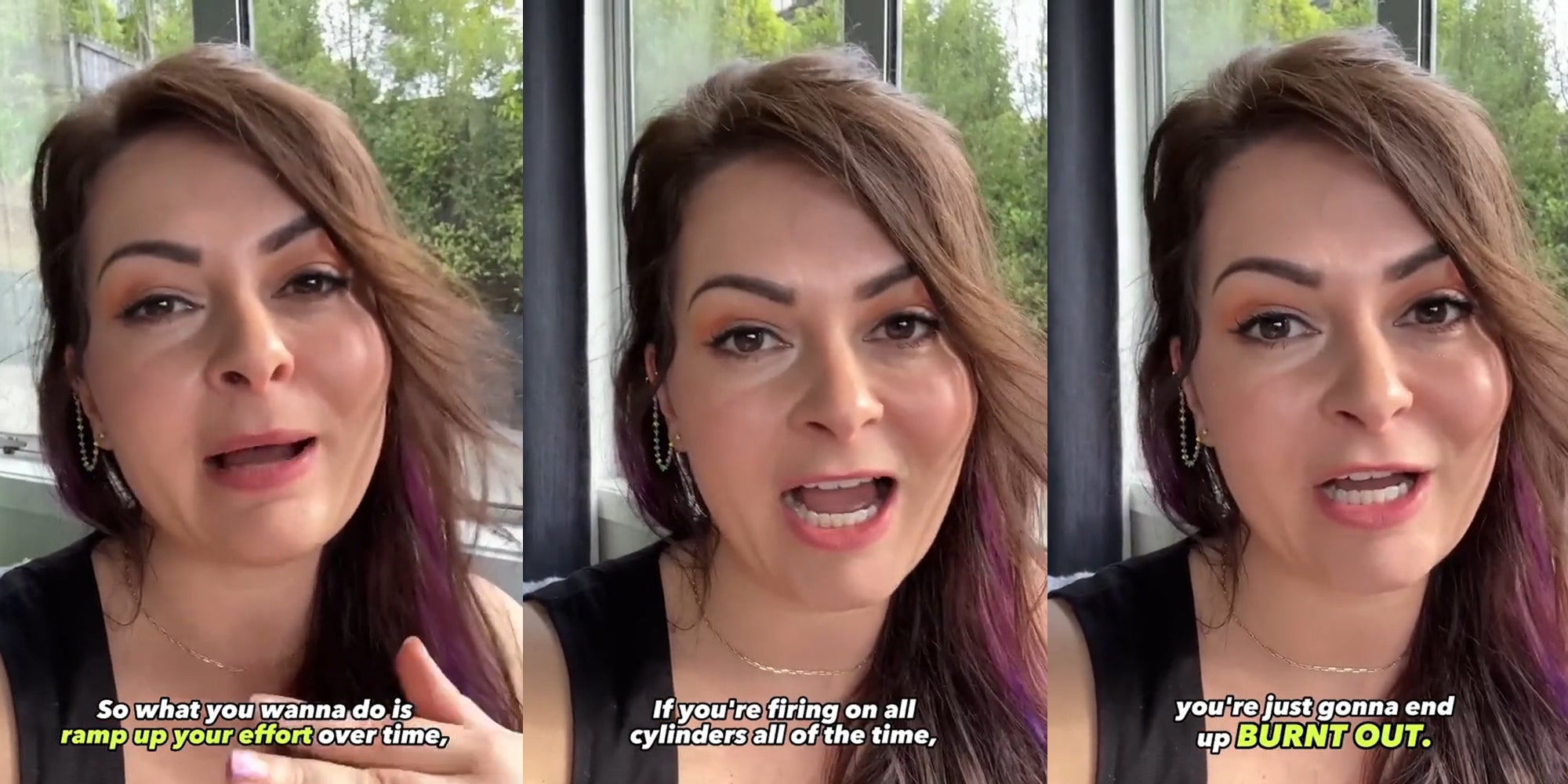 worker speaking with caption "So what you wanna do is ramp up your effort over time," (l) worker speaking with caption "If you're firing on all cylinders of all time," (c) worker speaking with caption "you're just gonna end up BURNT OUT." (r)
