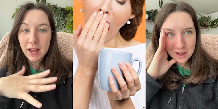 worker speaking (l) worker holding coffee while yawning in front of orange background (c) worker speaking (r)