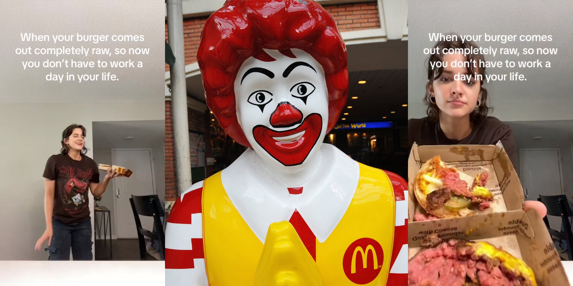 young woman showing raw burger (l&r) ronald mcdonald (c)