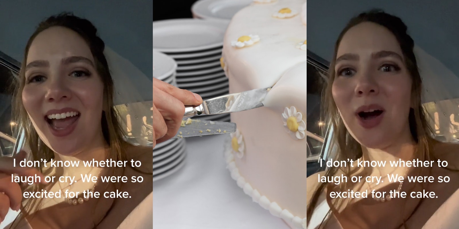 bride speaking in car with caption 'I don't know whether to laugh or cry. We were so excited for the cake.' (l) hand holding knife cutting into cake (c) bride speaking in car with caption 'I don't know whether to laugh or cry. We were so excited for the cake.' (r)