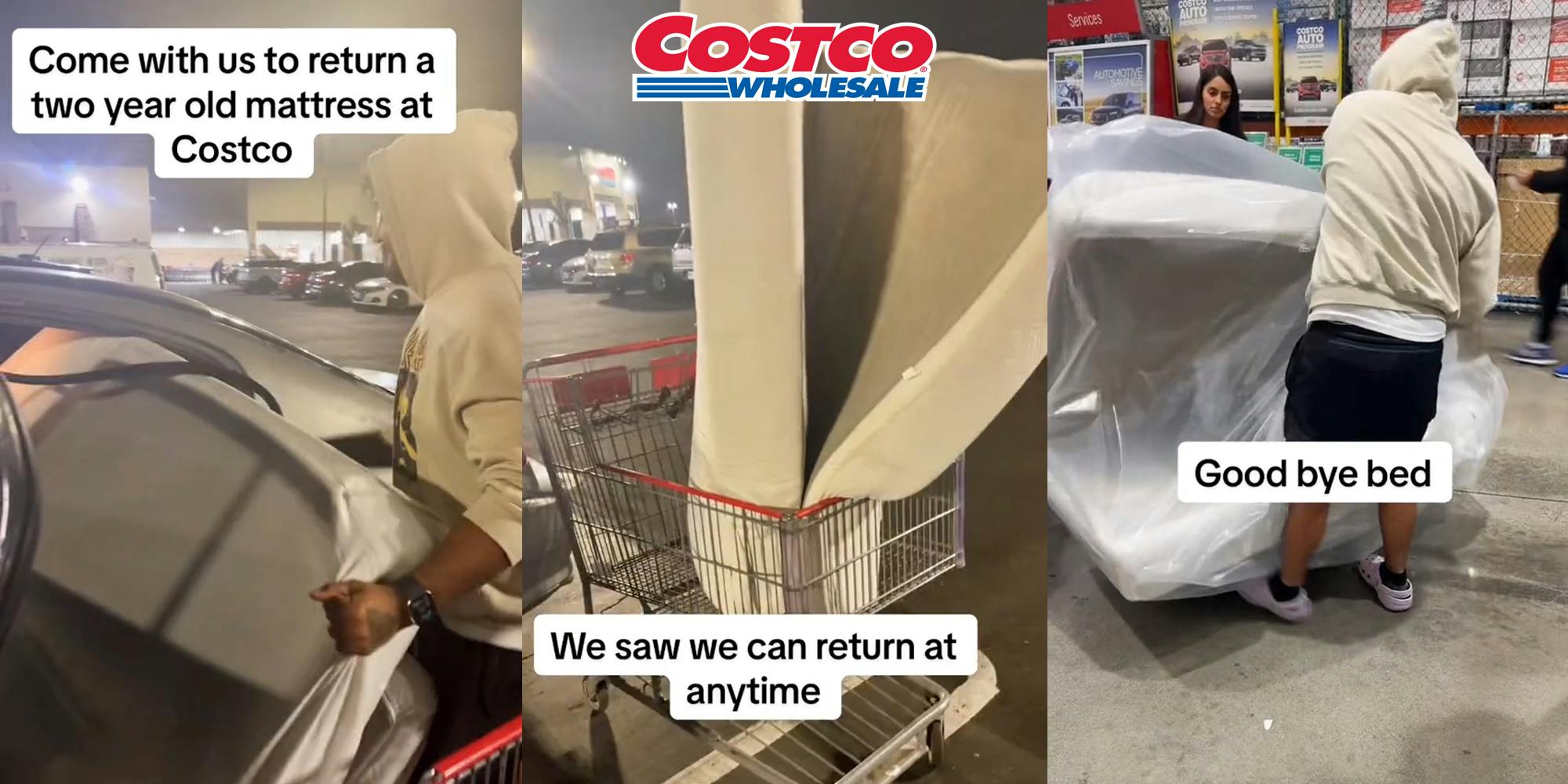 Costco customers with mattress with caption "Come with us to return a two year old mattress at Costco" (l) mattress in cart with caption "We saw we can return at anytime" with Costco Wholesale logo at top (c) Costco customers with mattress in bag with caption "Good bye bed" (r)
