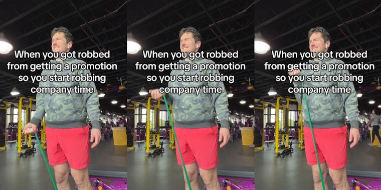 worker working out in gym with caption 'When you get robbed from getting a promotion so you start robbing company time' (l) worker working out in gym with caption 'When you get robbed from getting a promotion so you start robbing company time' (c) worker working out in gym with caption 'When you get robbed from getting a promotion so you start robbing company time' (r)