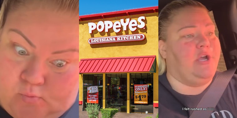 Popeyes customer (l) Popeyes building with sign (c) Popeyes customer in car with caption 'I felt rushed as blank' (r)