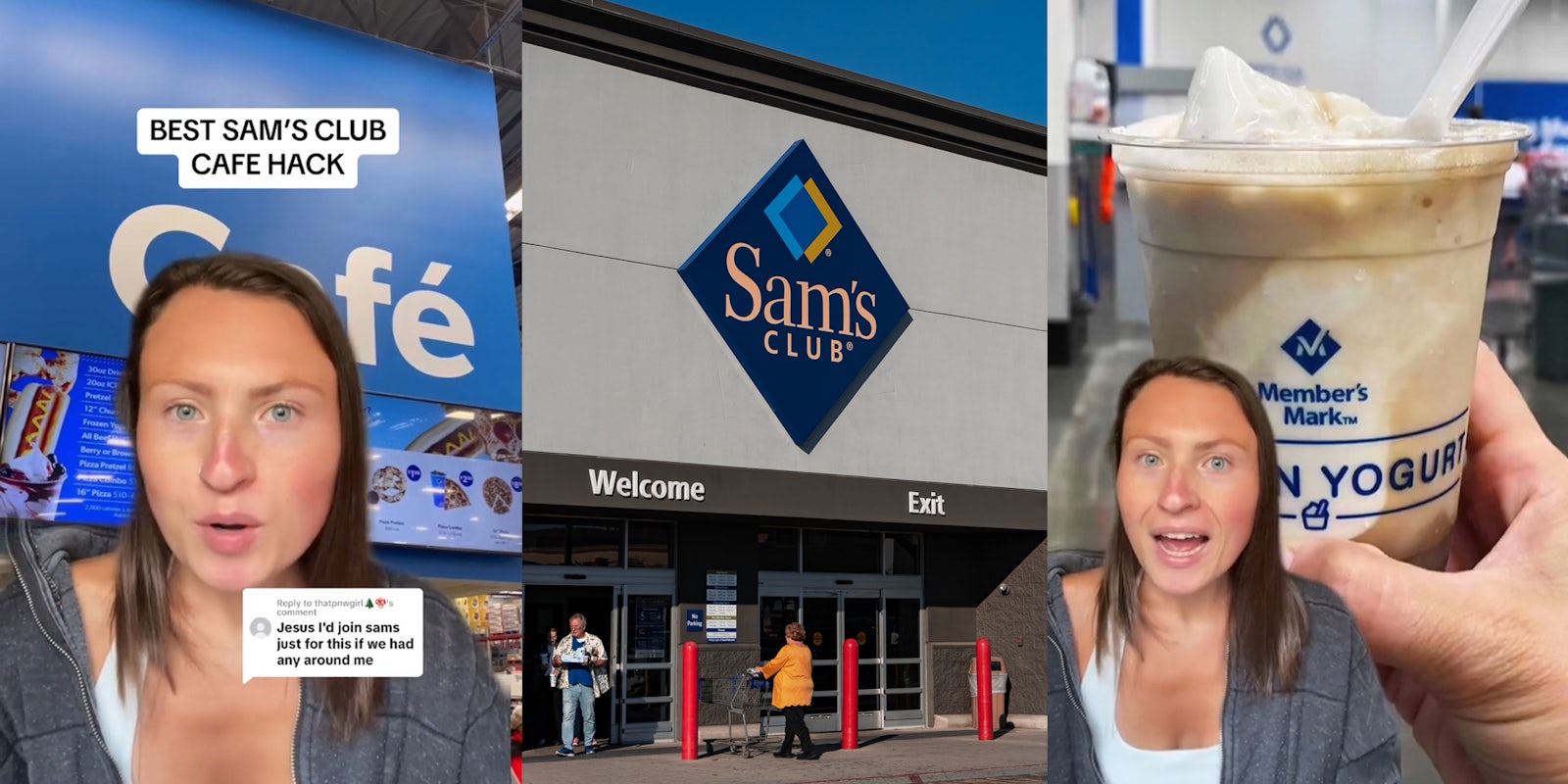 Sam's Club customer greenscreen TikTok speaking with caption 'BEST SAM'S CLUB CAFE HACK' 'Jesus I'd join sams just for this if we had any around me' (l) Sam's Club building entrance with sign (c) Sam's Club customer greenscreen TikTok over image of diy rootbeer float (r)