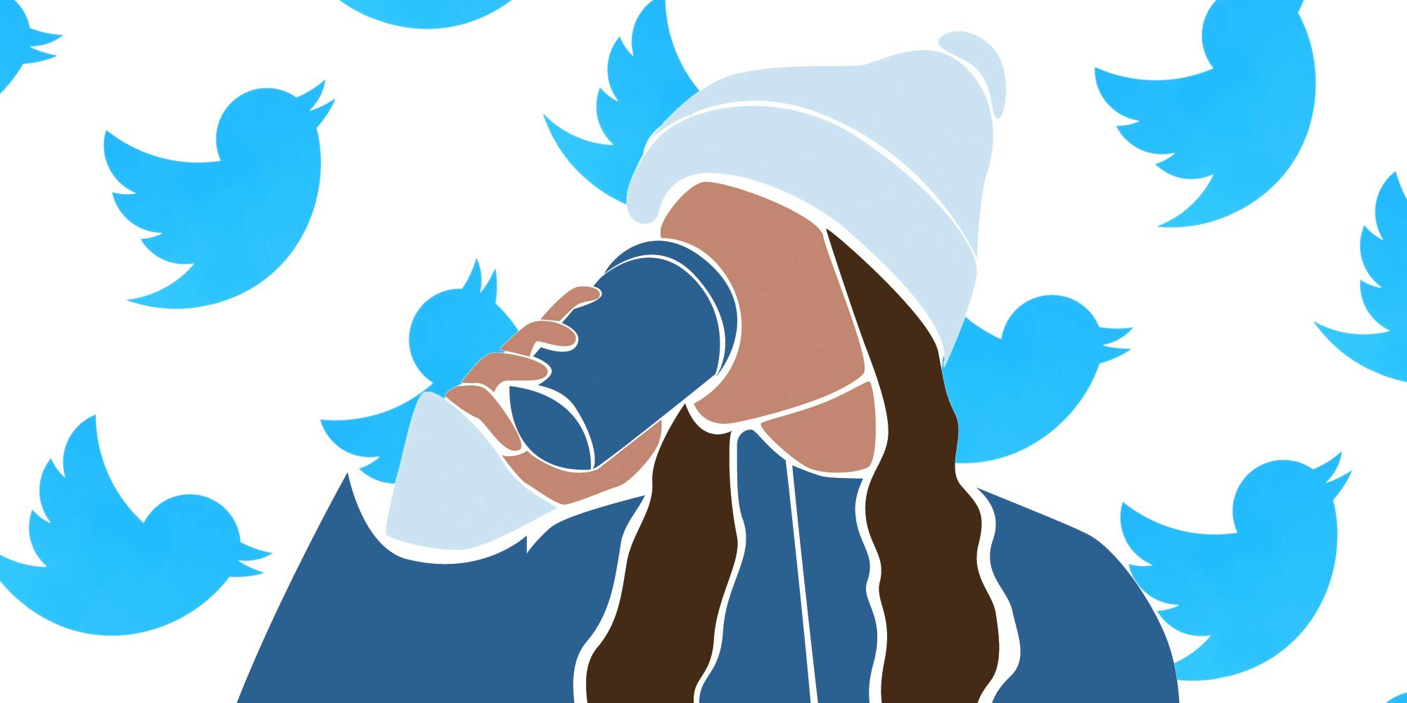 abstract illustration of faceless woman drinking coffee with Twitter bird logo background