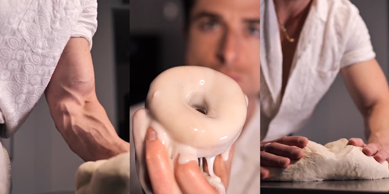 man pressing donut dough (l) man holding over glazed donut (c) man holding donut dough on table (r)