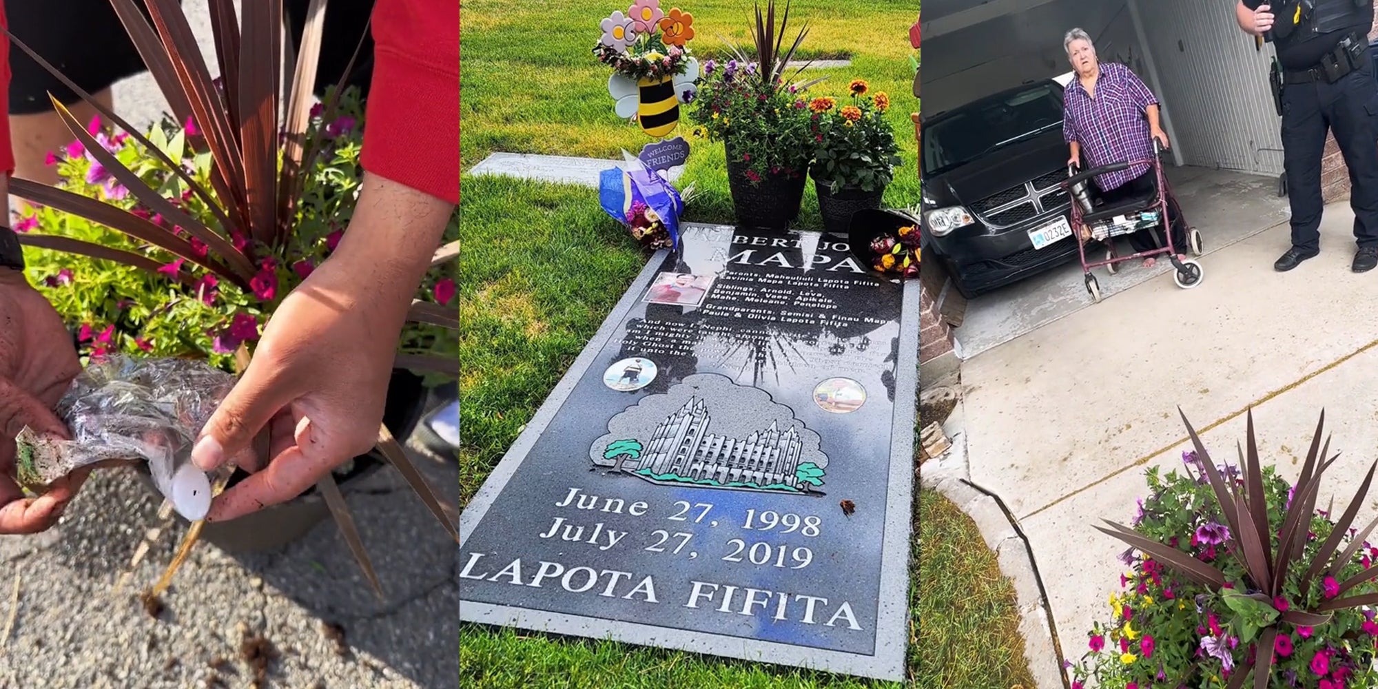 person pulling AirTag out of plant (l) grave with plant (c) old woman with police with plant (r)